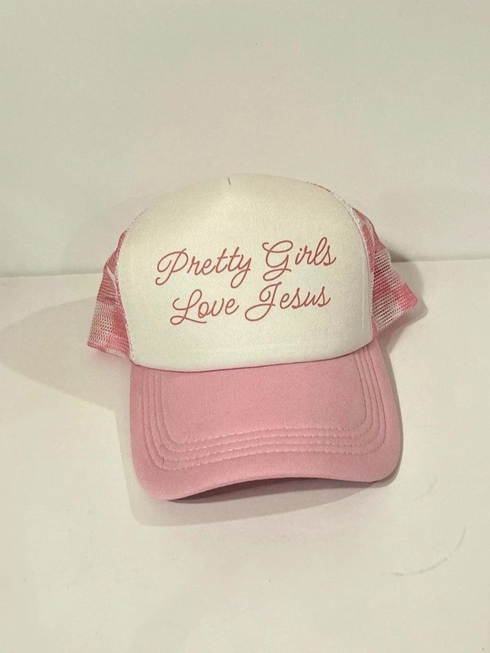 Pretty Girls Love Jesus Pink White Trucker Hat Mesh Snapback One Size